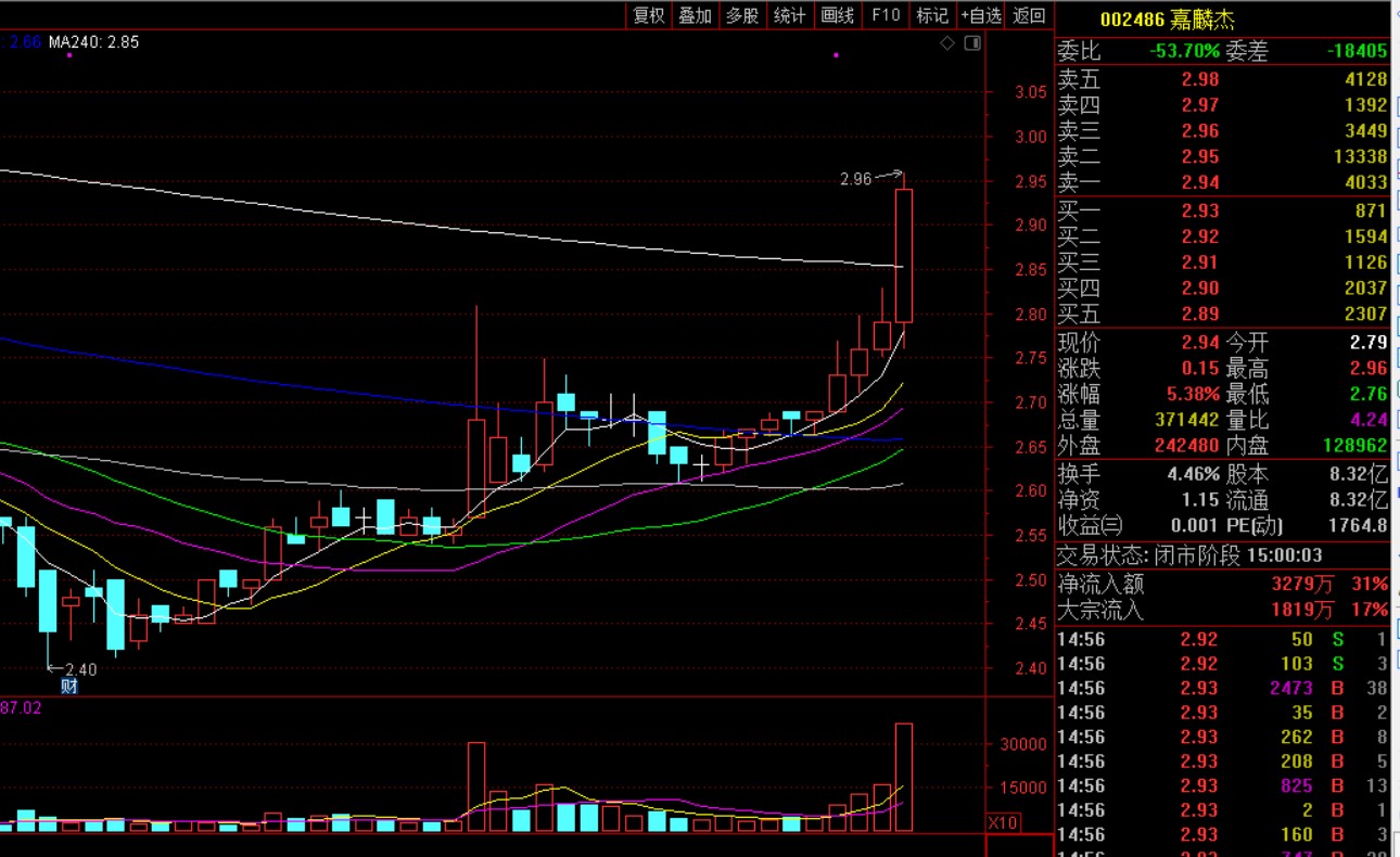 三季报业绩大幅增长超200%，嘉麟杰股价涨停